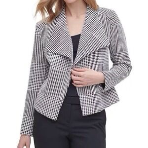 Calvin Klein Houndstooth Flyaway Open‎ Front Asymmetrical Blazer Jacket Sz L